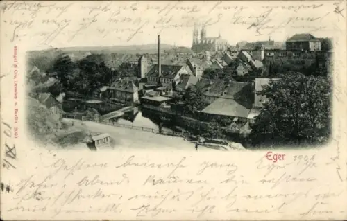 Ak Eger Erlau Ungarn, Stadtansicht von  Fluss, Häuser, Fabrikschornstein, Jahr 1904