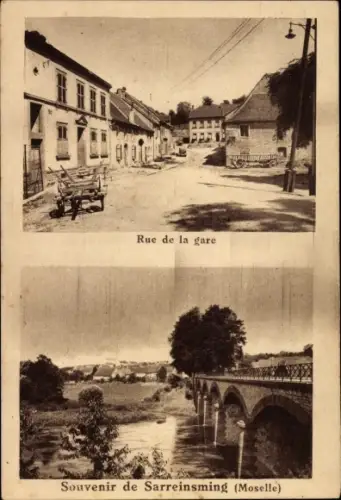 Ak Sarreinsming Moselle, Rue de la Gare, Brücke zum Ort