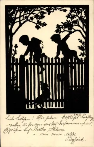 Scherenschnitt Ak Schirmer, Anna, Apfeldiebe, Hund