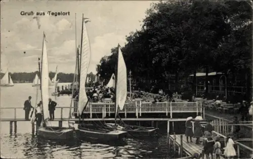 Ak Berlin Reinickendorf Konradshöhe Tegelort, Gastwirtschaft, Bootssteg, Segelboote