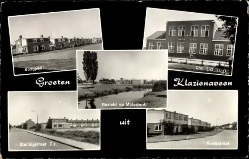Ak Klazienaveen Drenthe, Boogpad, Stellingstraat, Kortestraat, Chr. L.O. ULO, Molenwijk
