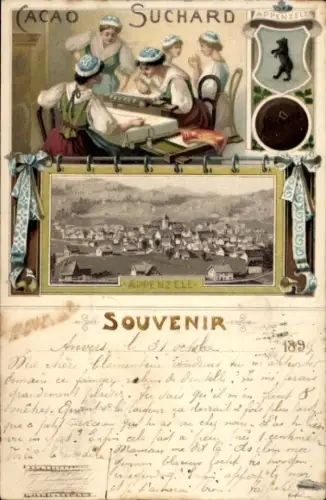 Litho Appenzell Stadt Kanton Innerrhoden, Stickerinnen in Tracht, Cacao Suchard