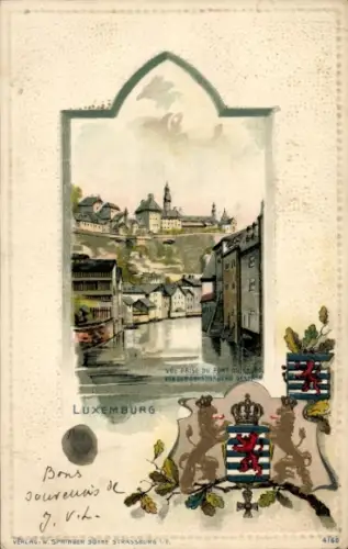 Präge Wappen Passepartout Litho Luxemburg, Vue prise du pont du Grund, Von der Grundbrücke aus
