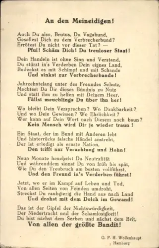 Ak An den Meineidigen, Gedicht, G. P. H. Wollenhaupt, 1. WK