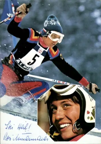 Autogrammkarte Skifahrerin Rosi Mittermaier, Portrait, Autogramm