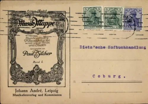Ak Leipzig in Sachsen, Musikalienverlag Johann André, Musik Mappe, Coburg, Hofbuchhandlung