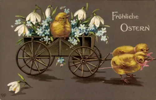 Präge Litho Glückwunsch Ostern, Küken, Vergissmeinnicht, Schneeglöckchen