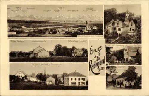 Ak St. Radegund Oberösterreich, Gasthaus Hofbauer, Kirche, Pfarrhof, Passionsspielhalle, Panorama