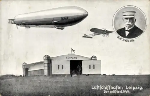 Ak Leipzig Sachsen, Luftschiffhafen mit Zeppelin Sachsen und Flugzeug, Portrait Graf Zeppelin