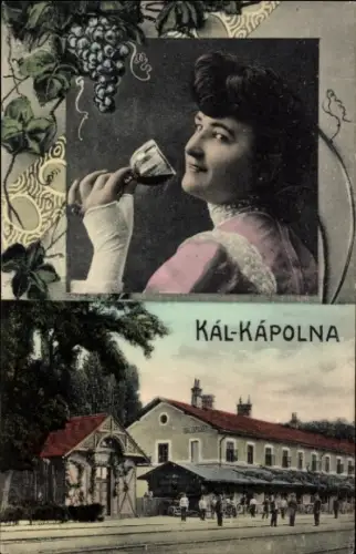 Ak Kápolna Ungarn, Bahnhof, Frau mit Weinglas, Weintrauben