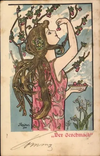 Jugendstil Künstler Ak Kieszkow, Der Geschmack, Frauenbildnis, Kirschen
