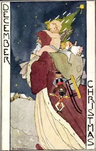 Künstler Ak Cramer, Dezember, Weihnachtsmann, Engel, Tanne, Geschenke