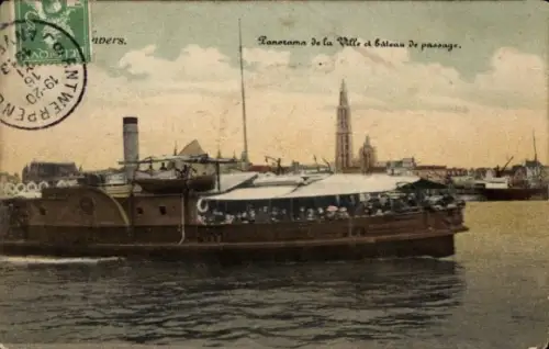 CPA Anvers, Panorama de la Ville et bateau de passage