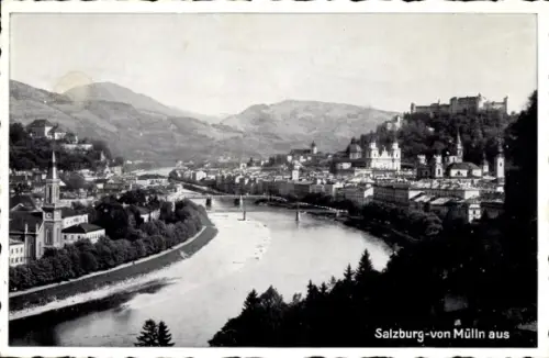 Ak Salzburg in Österreich, Panoramablick auf  Fluss, Berge, Stadtansicht