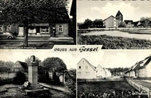 Ak Gessel Syke in Niedersachsen, Geschäftshaus H. Kleemeyer, Ehrenmal, Kirche, Schule