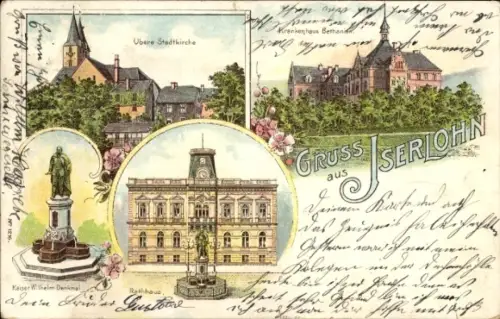 Litho Iserlohn im Märkischen Kreis, Kaiser Wilhelm Denkmal, Rathaus, Bethanien