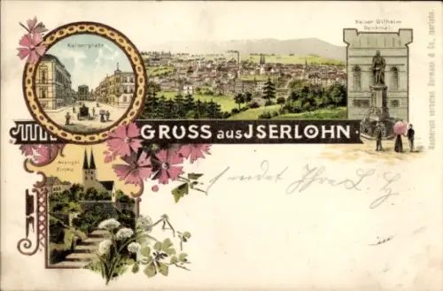 Litho Iserlohn im Märkischen Kreis, Kaiserplatz, Gesamtansicht, Kaiser Wilhelm Denkmal, Kirche