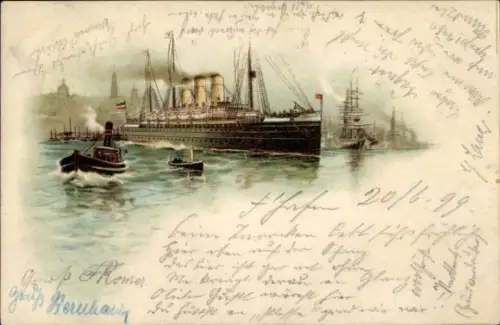 Litho Dampfer im Hafen, Segelschiff, Boote