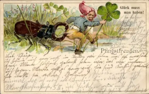 Litho Glückwunsch Pfingsten, Maikäfer greift einen Zwerg an, Glücksklee