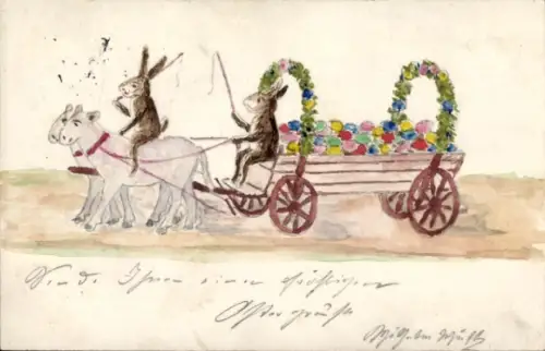 Handgemalt Ak Ostern, Osterhasen, Fuhrwerk, Ostereier