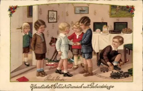 Künstler Ak Ebner, Pauli, Kinder, Spielzeuge, Eisenbahn, Schaukelpferd