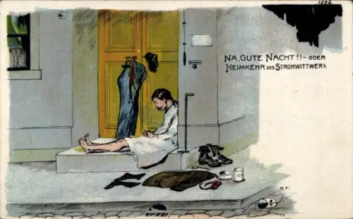 Ak Heimkehr des Strohwitwers, Mann schläft an Haustür