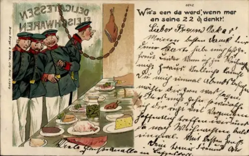 Litho Glückliche Soldaten, Essen auf dem Tisch