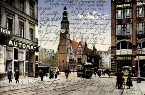Ak Wrocław Breslau Schlesien, Blick auf den Ring,  Automate, Salo Roth, Cigarre, Straßenbahn
