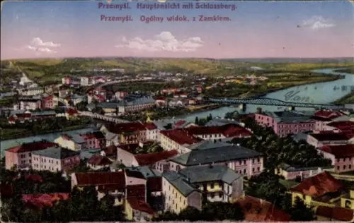 Ak Przemyśl Polen,  Hauptansicht mit Schlossberg, Fluss, Stadtansicht
