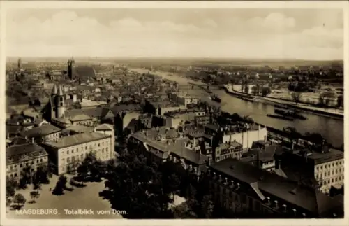 Ak Magdeburg an der Elbe,  Totalblick vom Dom, Fluss, Stadtansicht,  