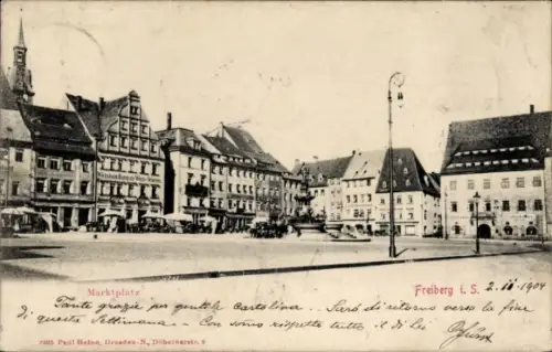 Ak Freiberg in Sachsen, Marktplatz, Gebäude, Straßenlaterne,  aus  1904