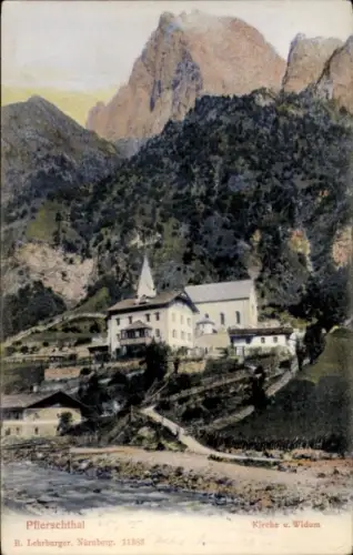 Ak Pflerschtal Südtirol, Kirche und Widum, Wasserpartie