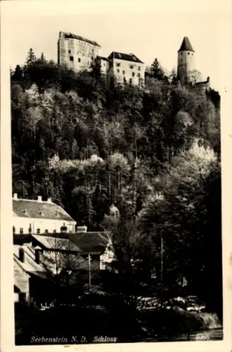 Ak Seebenstein in Niederösterreich, Schloss  Wald, Häuser im Vordergrund
