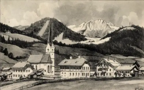 Ak St. Martin Villach in Kärnten, Berglandschaft, Kirche, Häuser, 