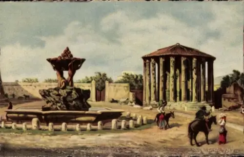Ak Roma Rom Lazio, Tempio di Vesta, Brunnen, Reiter, Menschen, Landschaft