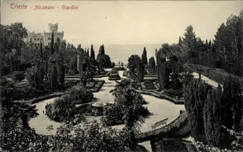 Ak Triest Trieste Friuli Venezia Giulia, Gartenlandschaft, Bäume, Sträucher, Brunnen, Trieste Mir
