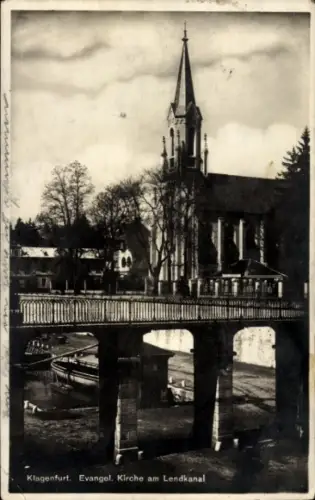 Ak Klagenfurt am Wörthersee Kärnten,  Evangelische Kirche, Lendkanal, Brücke, Bäume