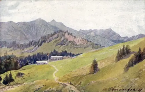 Ak Dornbirn in Vorarlberg, Berglandschaft, Gebäude, Flagge, Weg, Bäume