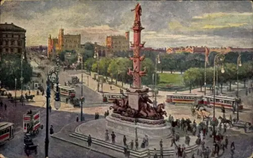 Ak Wien 2 Leopoldstadt Österreich, Praterstern, Denkmal, Straßenbahnen, Menschen, Pferde