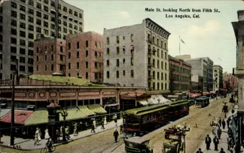 Ak Los Angeles Kalifornien USA, Main St., Blick nach Norden, Straßenbahn, Menschen, Geschäfte