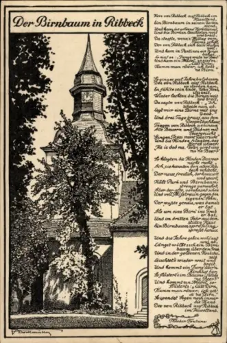 Ak Ribbeck Nauen im Havelland, Birnbaum, Gedicht von Theodor Fontane, Baum und Kirche sichtbar