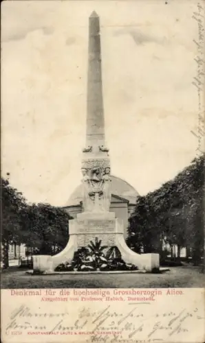Ak Darmstadt in Hessen, Denkmal für Grossherzogin Alice, Obelisk, Professor Habich, Darmstadt