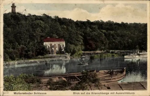 Ak Woltersdorf bei Berlin, Woltersdorfer Schleuse, Kranichberge, Aussichtsturm, Wasser, Boote
