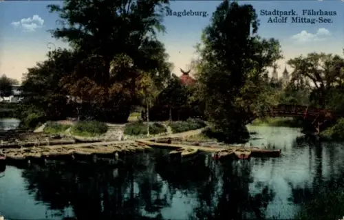 Ak Magdeburg an der Elbe,  Stadtpark, Fährhaus, Adolf Mittag-See, Boote