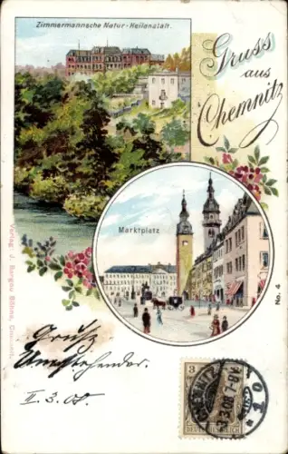 Litho Chemnitz in Sachsen, Marktplatz, Zimmermansche Natur-Heilanstalt