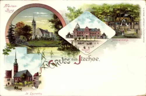Litho Itzehoe in Schleswig Holstein, Breiten Burg, Amonenhöhe, Post, St. Laurenthy
