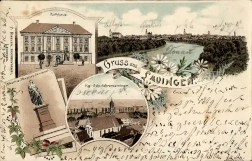 Litho Lauingen an der Donau Schwäbische Alb, Rathaus, Schullehrerseminar