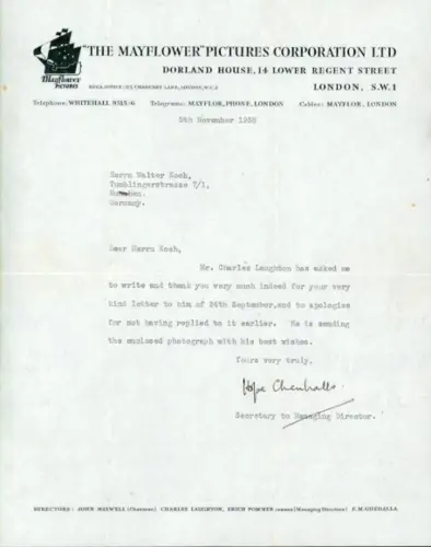 1 AK im Umschlag + Brief, Charles Laughton, The Mayflower Pictures