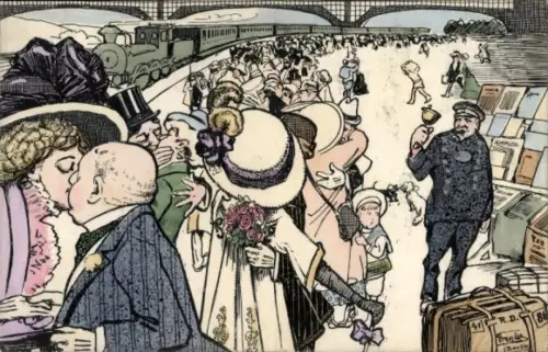 Ak Liebespaare am Bahnsteig, Küsse, Gepäck, Abschied, Eisenbahn