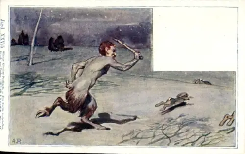 Künstler Ak A. P., Satyr auf Hasenjagd, Verlag Philipp & Kramer, Jagd XXV/5